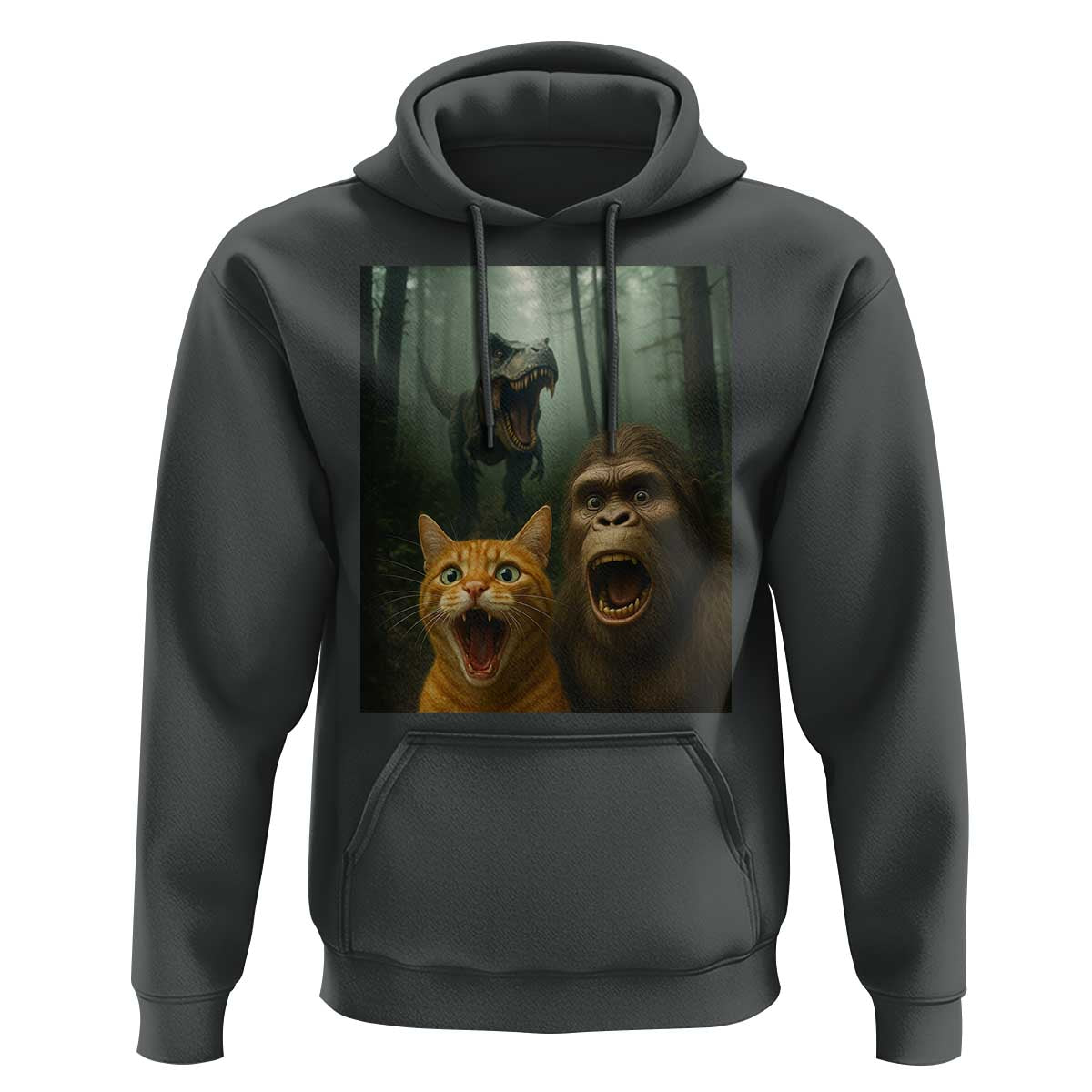 Cat Bigfoot Selfie With Dinosaur Hoodie Funny Surprised Scared Sasquatch Cat - Wonder Print Shop