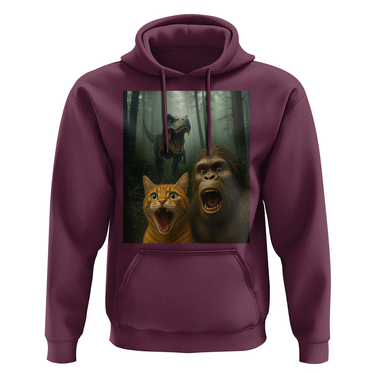 Cat Bigfoot Selfie With Dinosaur Hoodie Funny Surprised Scared Sasquatch Cat - Wonder Print Shop