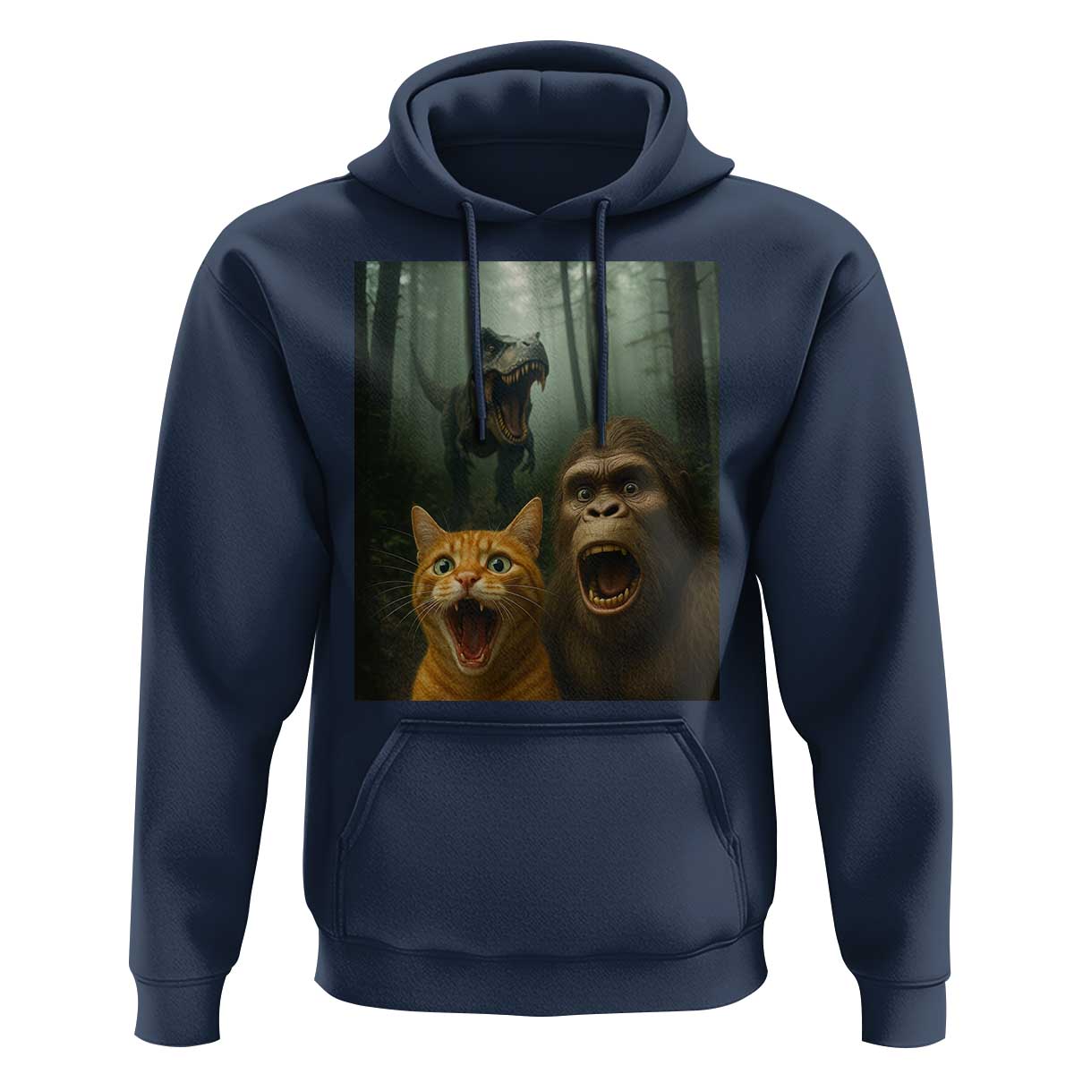 Cat Bigfoot Selfie With Dinosaur Hoodie Funny Surprised Scared Sasquatch Cat - Wonder Print Shop