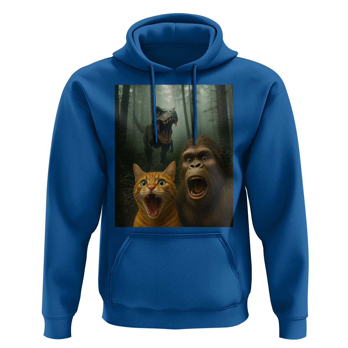 Cat Bigfoot Selfie With Dinosaur Hoodie Funny Surprised Scared Sasquatch Cat - Wonder Print Shop