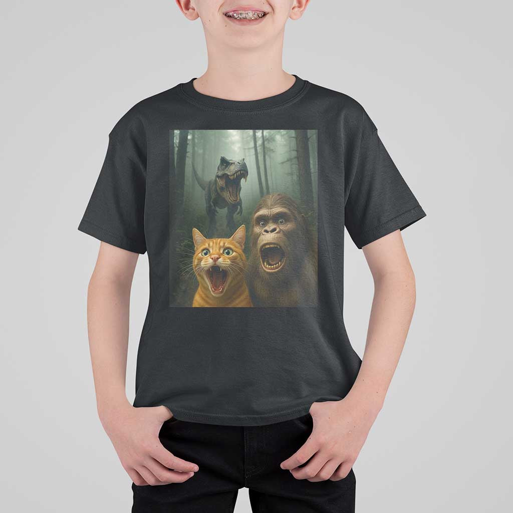 Cat Bigfoot Selfie With Dinosaur T Shirt For Kid Funny Surprised Scared Sasquatch Cat - Wonder Print Shop