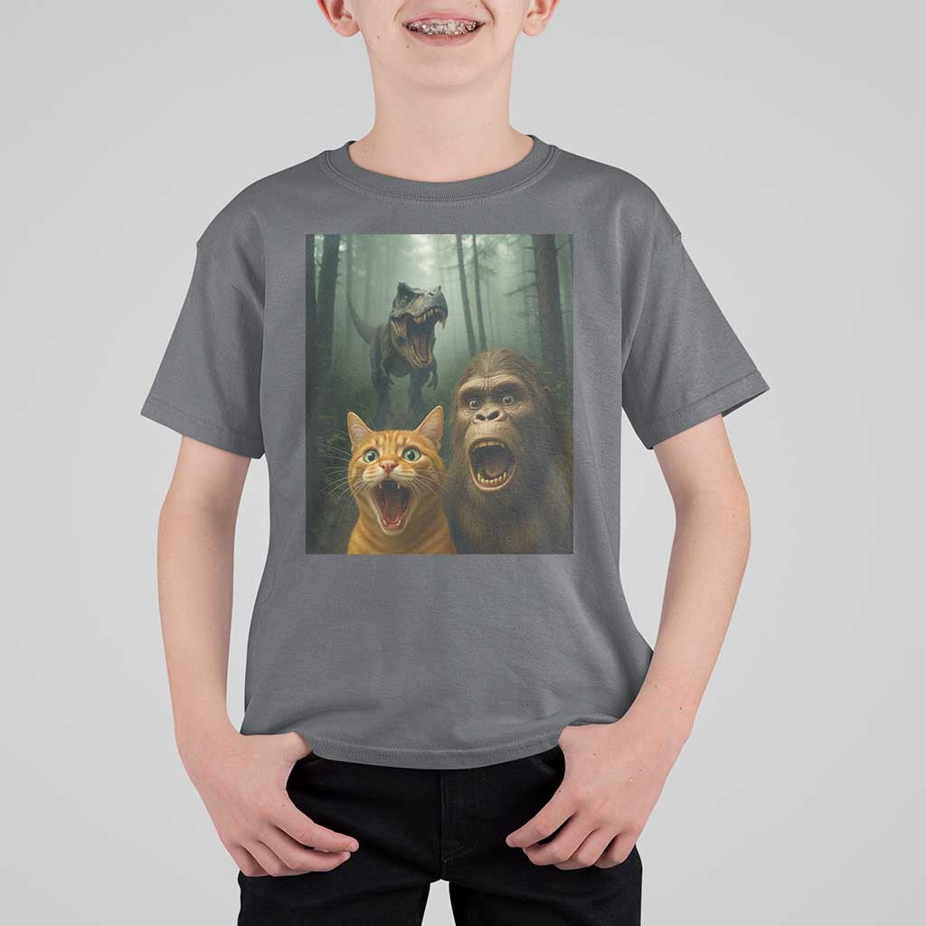 Cat Bigfoot Selfie With Dinosaur T Shirt For Kid Funny Surprised Scared Sasquatch Cat - Wonder Print Shop