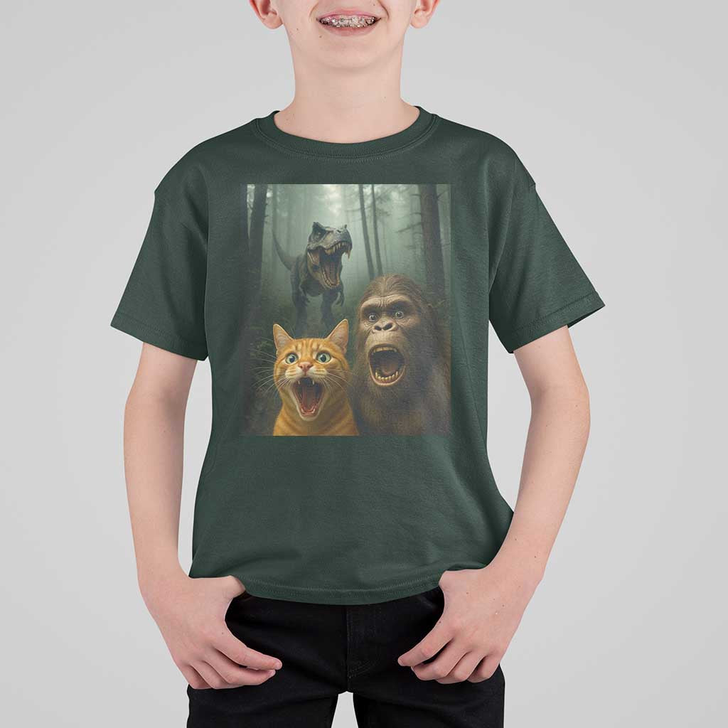 Cat Bigfoot Selfie With Dinosaur T Shirt For Kid Funny Surprised Scared Sasquatch Cat - Wonder Print Shop