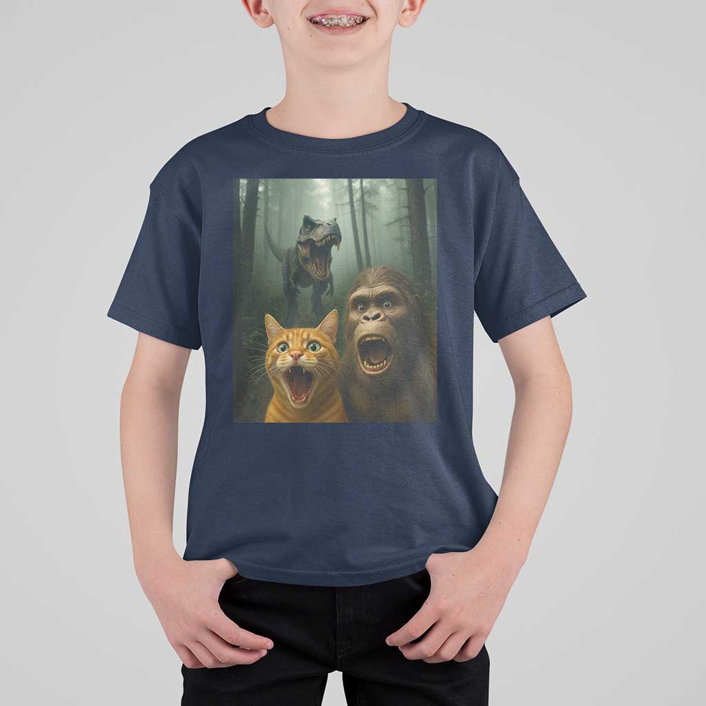 Cat Bigfoot Selfie With Dinosaur T Shirt For Kid Funny Surprised Scared Sasquatch Cat - Wonder Print Shop