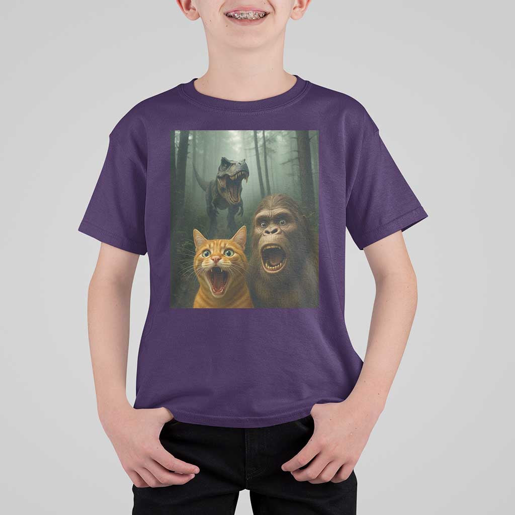 Cat Bigfoot Selfie With Dinosaur T Shirt For Kid Funny Surprised Scared Sasquatch Cat - Wonder Print Shop
