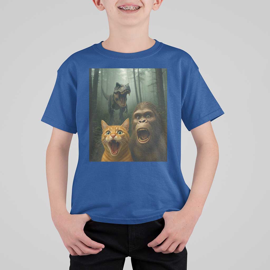 Cat Bigfoot Selfie With Dinosaur T Shirt For Kid Funny Surprised Scared Sasquatch Cat - Wonder Print Shop
