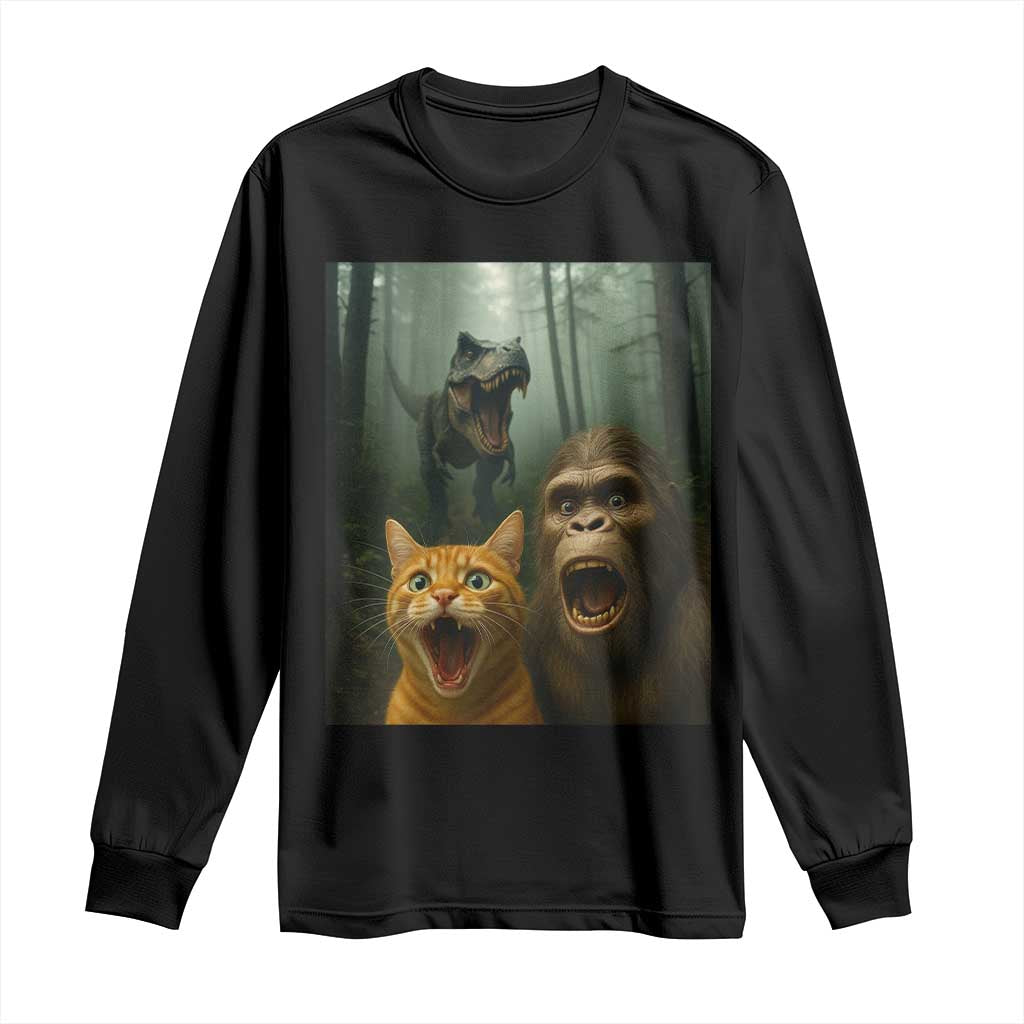 Cat Bigfoot Selfie With Dinosaur Long Sleeve Shirt Funny Surprised Scared Sasquatch Cat - Wonder Print Shop