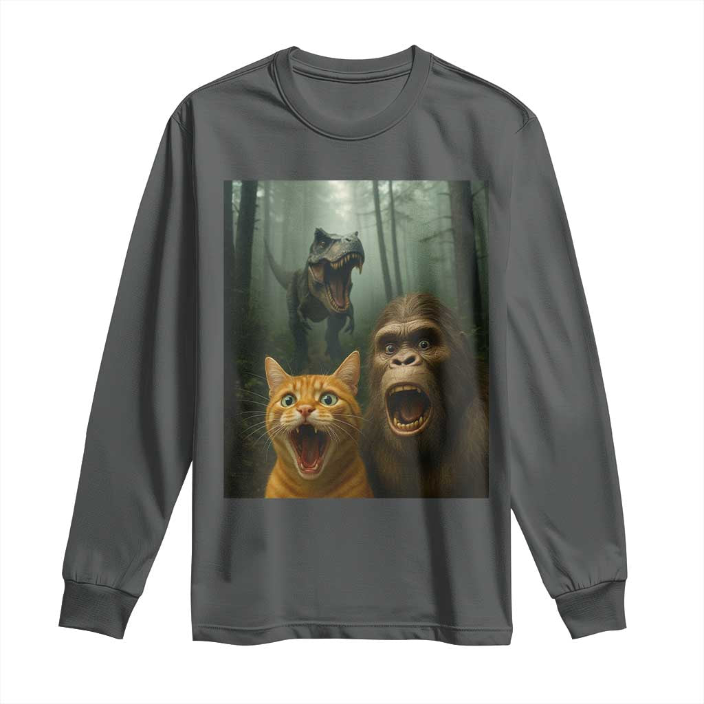 Cat Bigfoot Selfie With Dinosaur Long Sleeve Shirt Funny Surprised Scared Sasquatch Cat - Wonder Print Shop