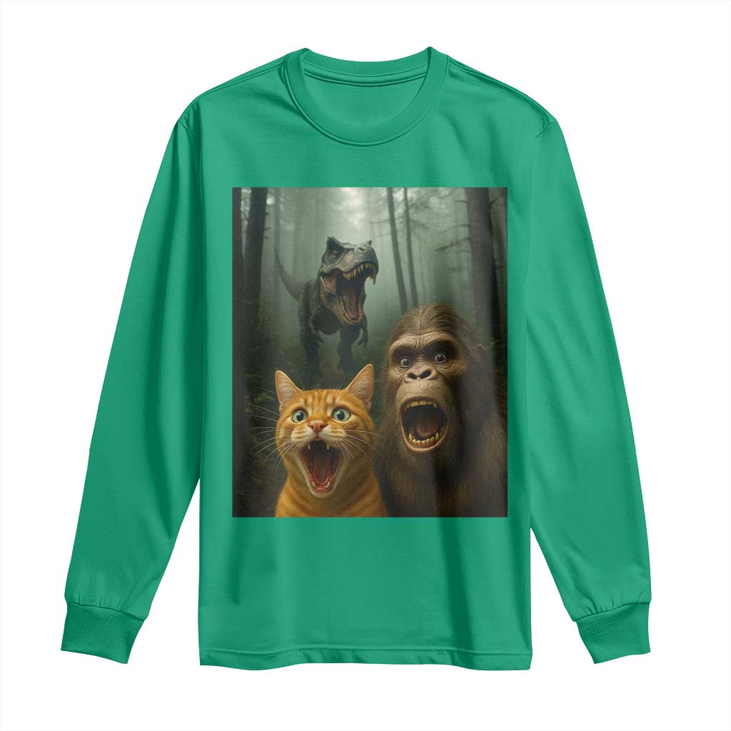 Cat Bigfoot Selfie With Dinosaur Long Sleeve Shirt Funny Surprised Scared Sasquatch Cat - Wonder Print Shop