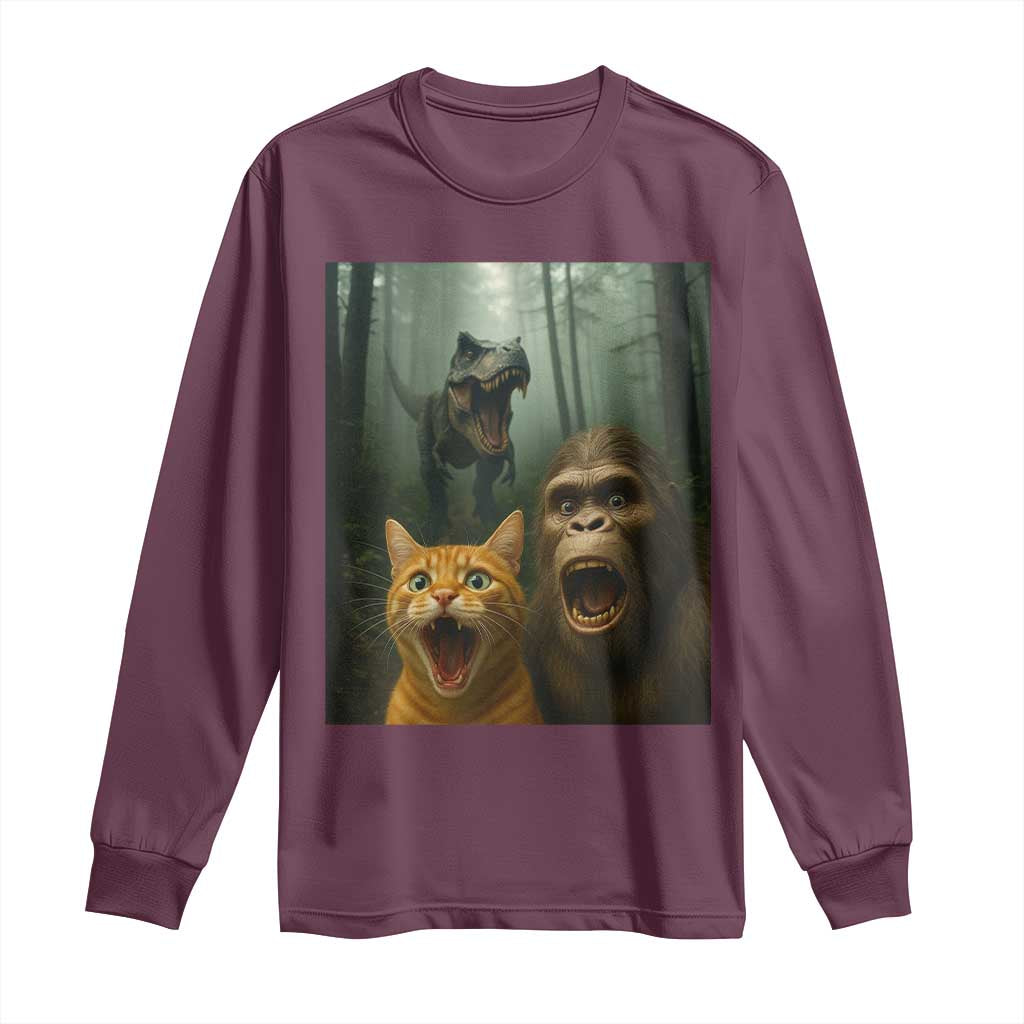 Cat Bigfoot Selfie With Dinosaur Long Sleeve Shirt Funny Surprised Scared Sasquatch Cat - Wonder Print Shop