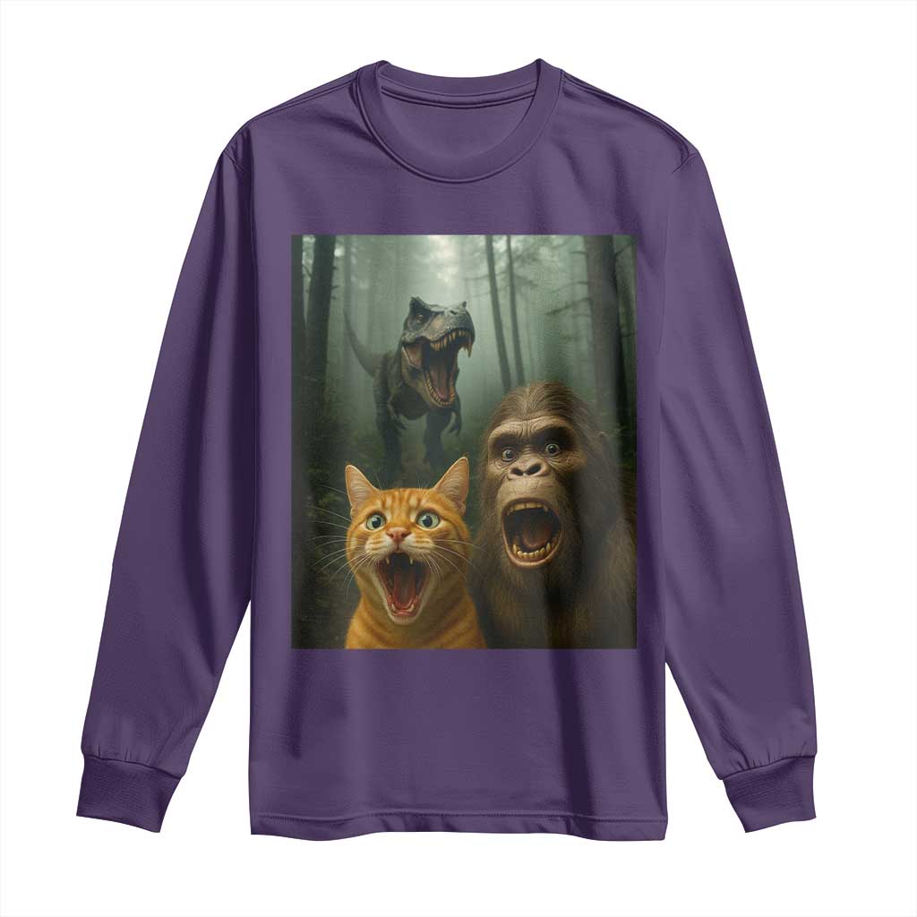 Cat Bigfoot Selfie With Dinosaur Long Sleeve Shirt Funny Surprised Scared Sasquatch Cat - Wonder Print Shop