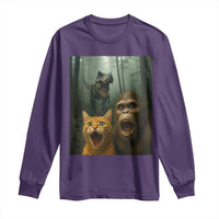 Cat Bigfoot Selfie With Dinosaur Long Sleeve Shirt Funny Surprised Scared Sasquatch Cat - Wonder Print Shop
