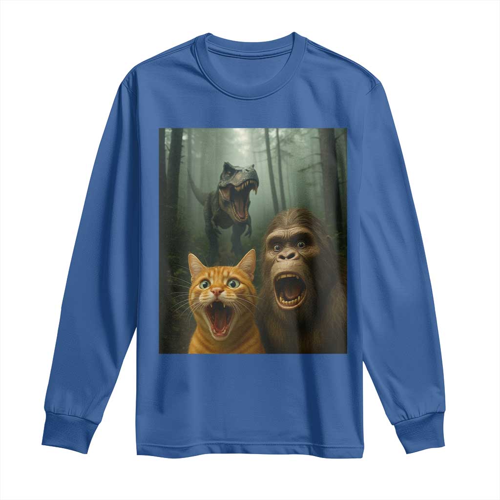 Cat Bigfoot Selfie With Dinosaur Long Sleeve Shirt Funny Surprised Scared Sasquatch Cat - Wonder Print Shop