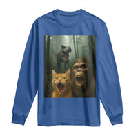 Cat Bigfoot Selfie With Dinosaur Long Sleeve Shirt Funny Surprised Scared Sasquatch Cat - Wonder Print Shop