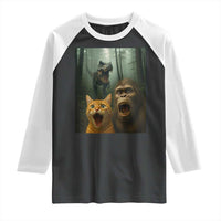 Cat Bigfoot Selfie With Dinosaur Raglan Shirt Funny Surprised Scared Sasquatch Cat - Wonder Print Shop