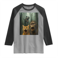 Cat Bigfoot Selfie With Dinosaur Raglan Shirt Funny Surprised Scared Sasquatch Cat - Wonder Print Shop