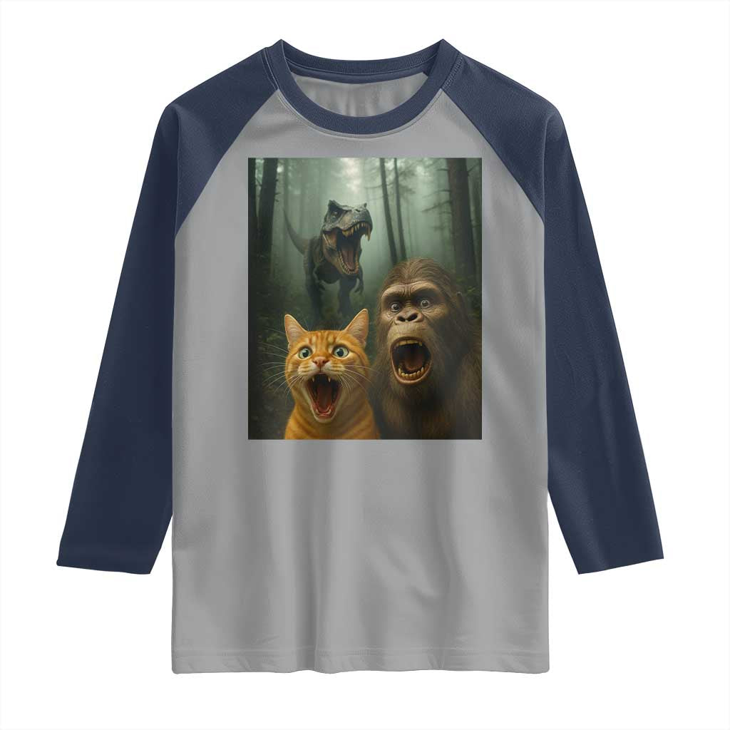 Cat Bigfoot Selfie With Dinosaur Raglan Shirt Funny Surprised Scared Sasquatch Cat - Wonder Print Shop