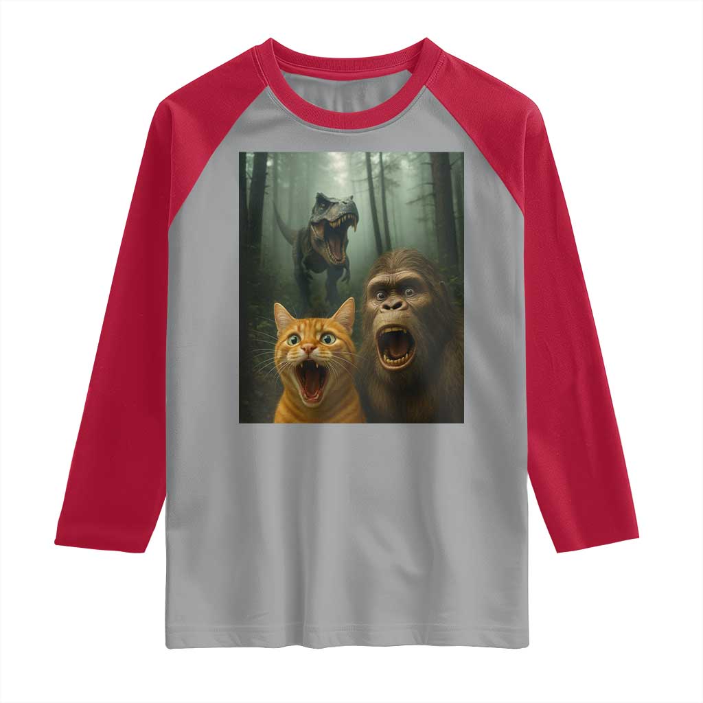 Cat Bigfoot Selfie With Dinosaur Raglan Shirt Funny Surprised Scared Sasquatch Cat - Wonder Print Shop
