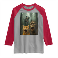 Cat Bigfoot Selfie With Dinosaur Raglan Shirt Funny Surprised Scared Sasquatch Cat - Wonder Print Shop
