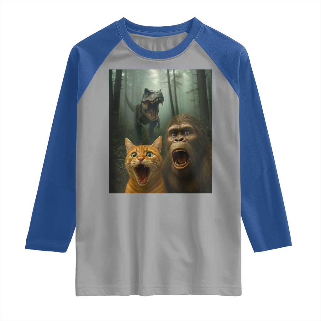 Cat Bigfoot Selfie With Dinosaur Raglan Shirt Funny Surprised Scared Sasquatch Cat - Wonder Print Shop
