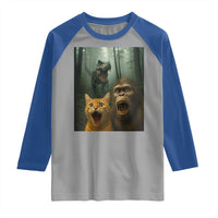 Cat Bigfoot Selfie With Dinosaur Raglan Shirt Funny Surprised Scared Sasquatch Cat - Wonder Print Shop