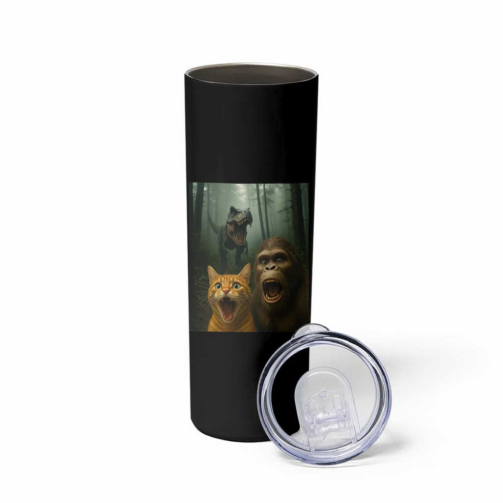 Cat Bigfoot Selfie With Dinosaur Skinny Tumbler Funny Surprised Scared Sasquatch Cat