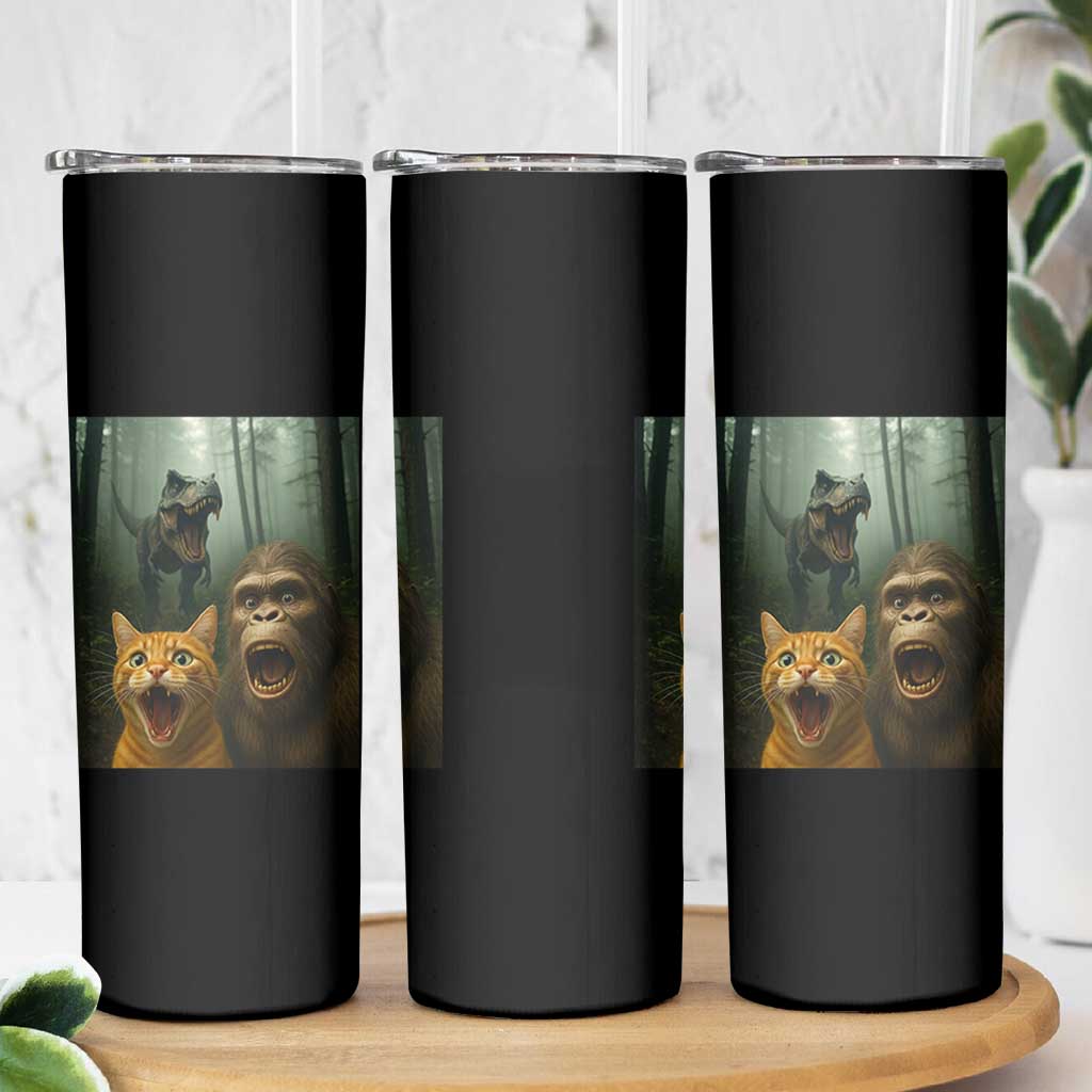 Cat Bigfoot Selfie With Dinosaur Skinny Tumbler Funny Surprised Scared Sasquatch Cat