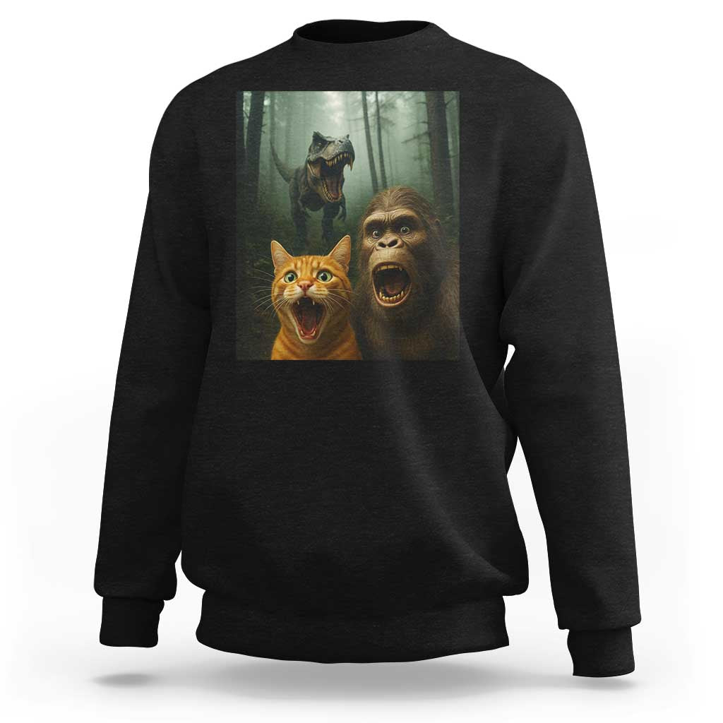 Cat Bigfoot Selfie With Dinosaur Sweatshirt Funny Surprised Scared Sasquatch Cat - Wonder Print Shop