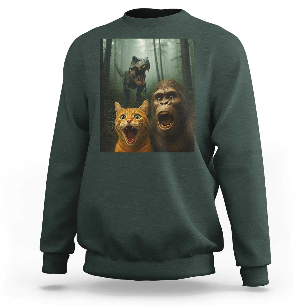 Cat Bigfoot Selfie With Dinosaur Sweatshirt Funny Surprised Scared Sasquatch Cat - Wonder Print Shop