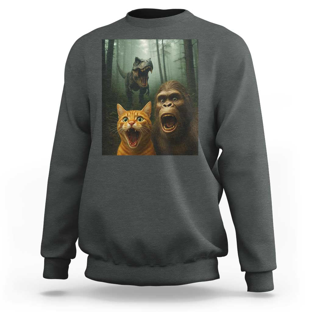 Cat Bigfoot Selfie With Dinosaur Sweatshirt Funny Surprised Scared Sasquatch Cat - Wonder Print Shop