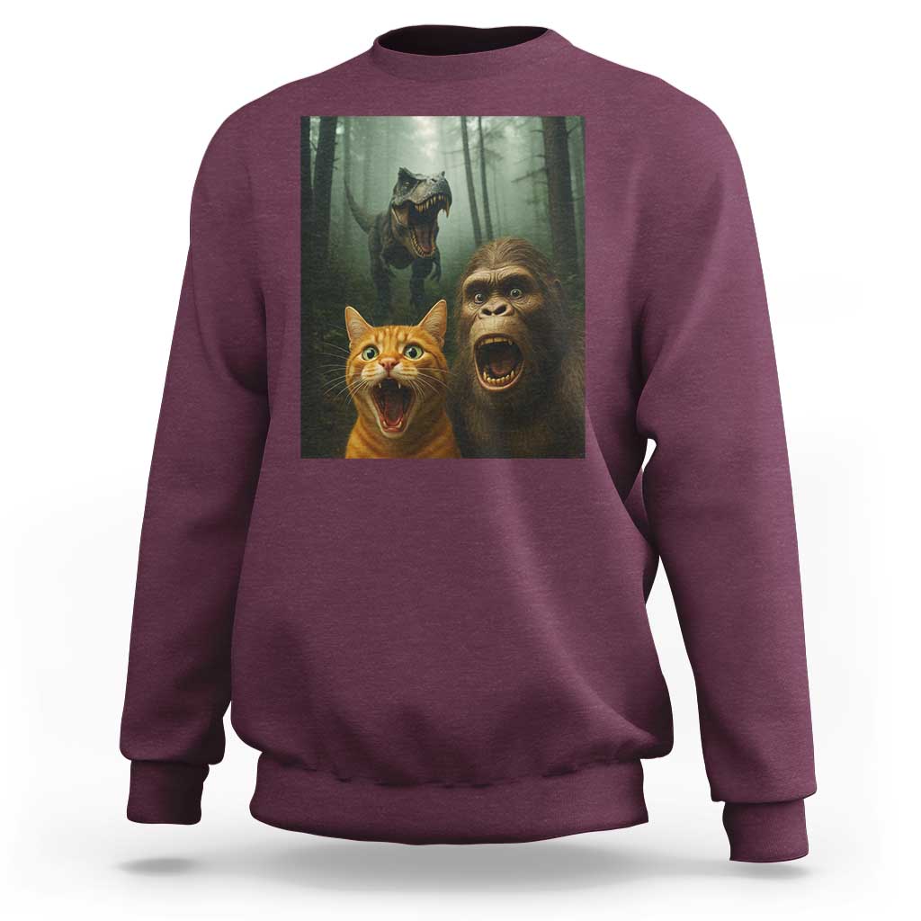 Cat Bigfoot Selfie With Dinosaur Sweatshirt Funny Surprised Scared Sasquatch Cat - Wonder Print Shop