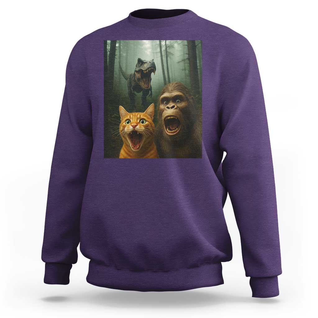 Cat Bigfoot Selfie With Dinosaur Sweatshirt Funny Surprised Scared Sasquatch Cat - Wonder Print Shop