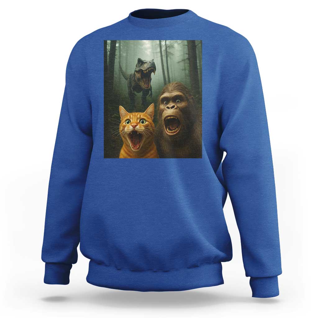 Cat Bigfoot Selfie With Dinosaur Sweatshirt Funny Surprised Scared Sasquatch Cat - Wonder Print Shop