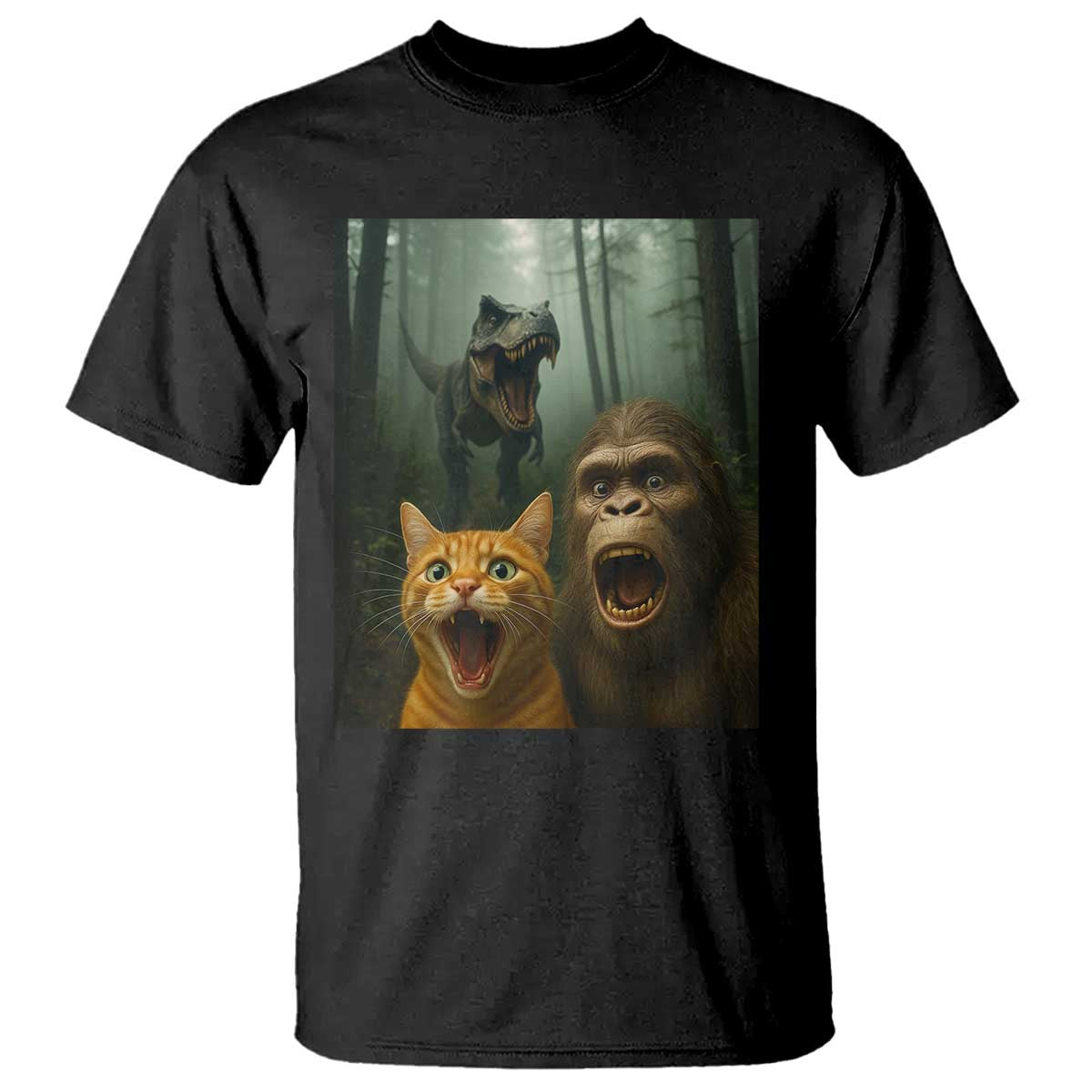 Cat Bigfoot Selfie With Dinosaur T Shirt Funny Surprised Scared Sasquatch Cat - Wonder Print Shop