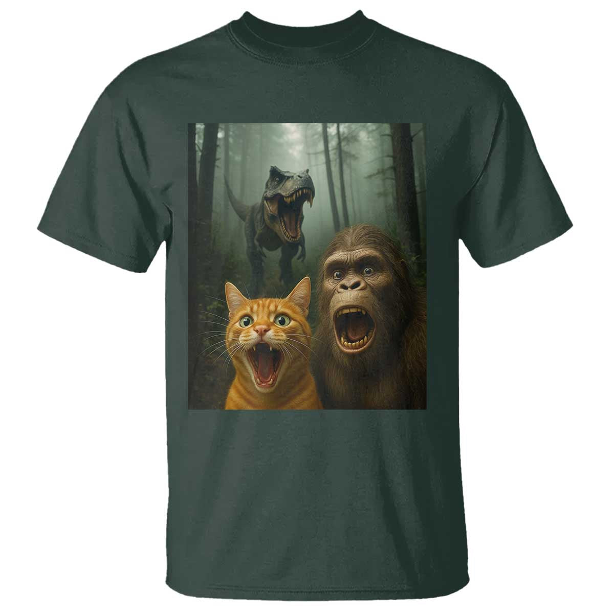 Cat Bigfoot Selfie With Dinosaur T Shirt Funny Surprised Scared Sasquatch Cat - Wonder Print Shop