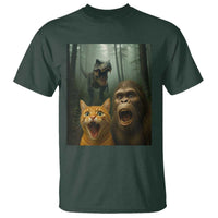 Cat Bigfoot Selfie With Dinosaur T Shirt Funny Surprised Scared Sasquatch Cat - Wonder Print Shop