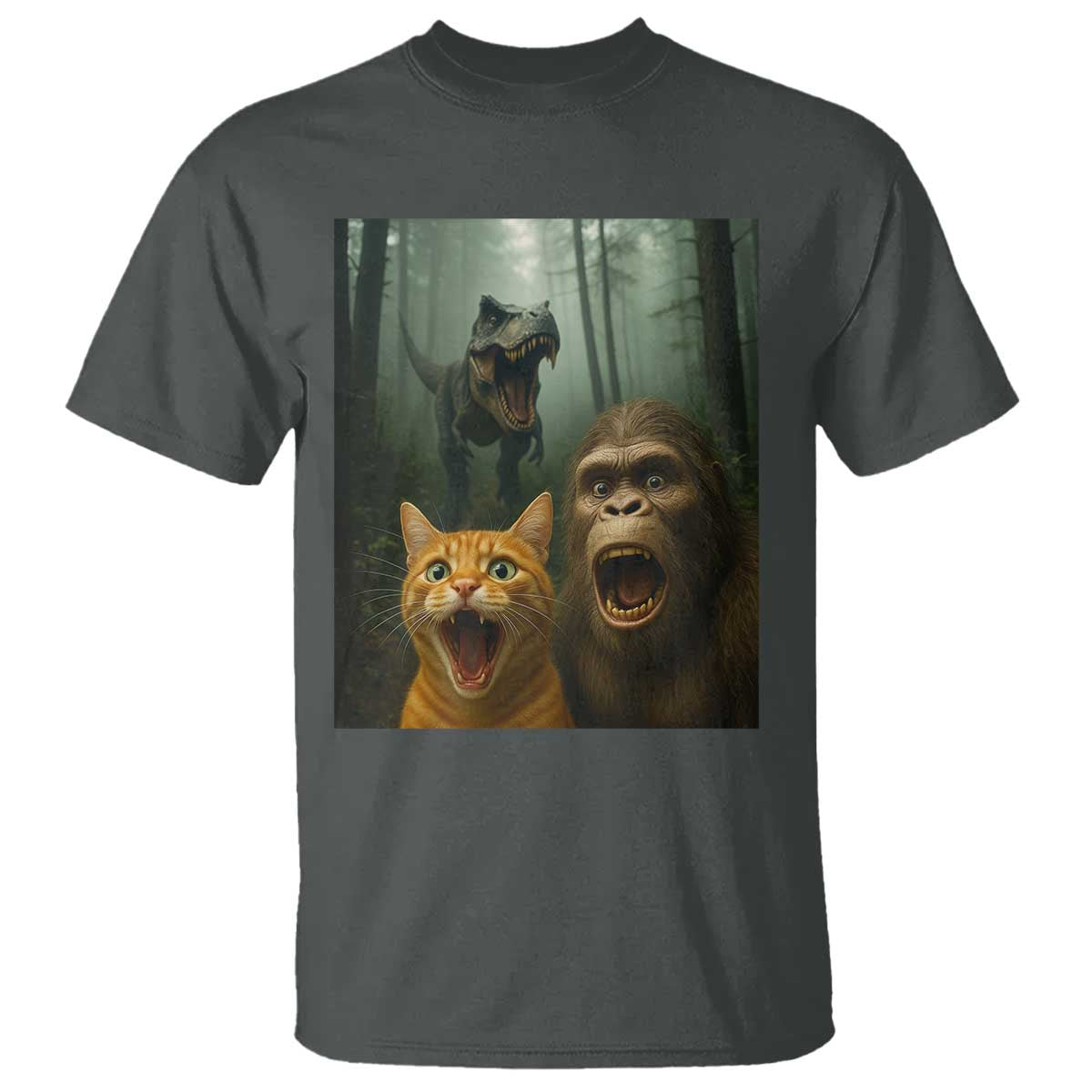 Cat Bigfoot Selfie With Dinosaur T Shirt Funny Surprised Scared Sasquatch Cat - Wonder Print Shop