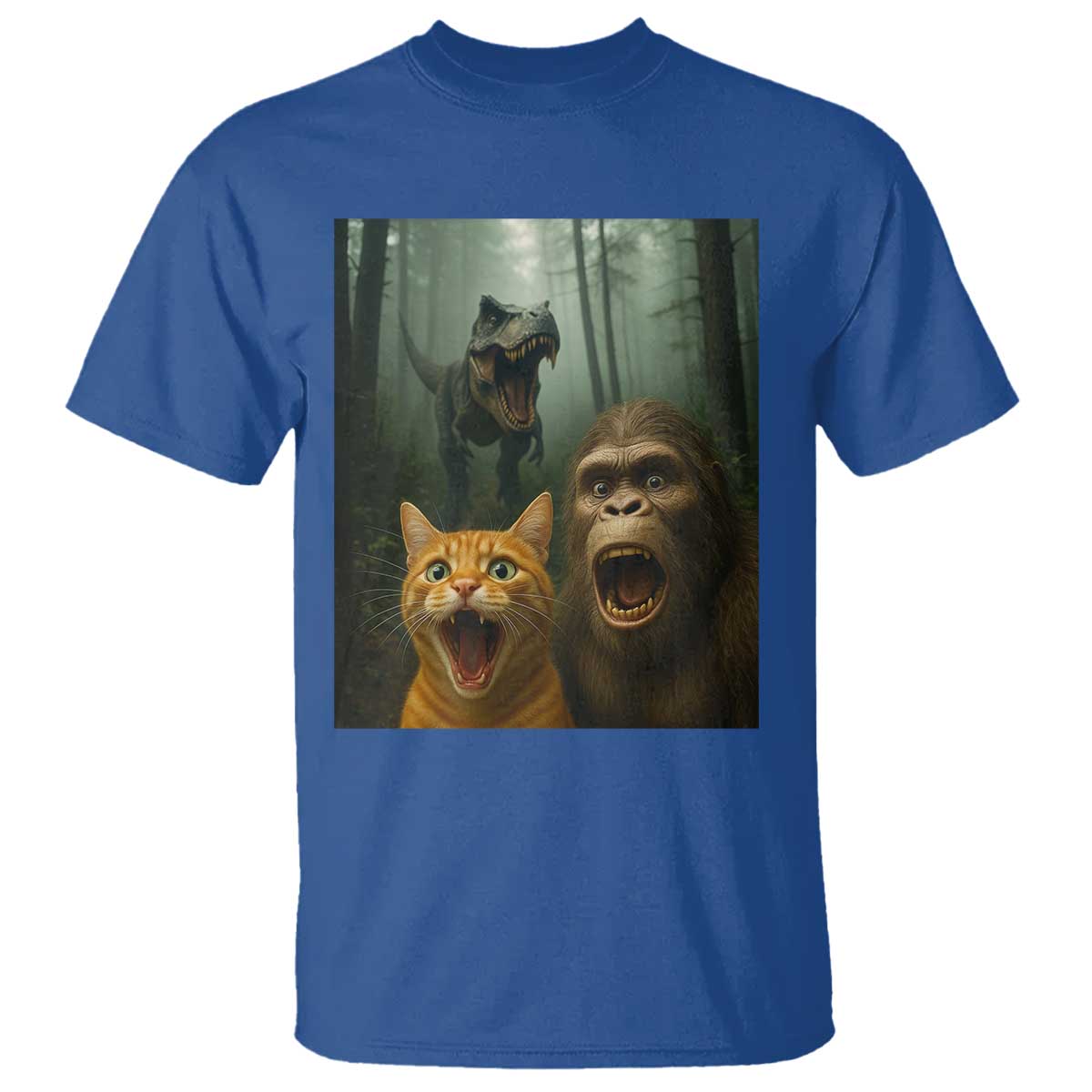 Cat Bigfoot Selfie With Dinosaur T Shirt Funny Surprised Scared Sasquatch Cat - Wonder Print Shop