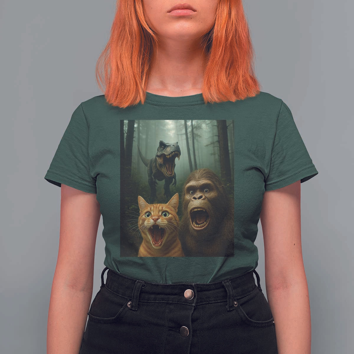 Cat Bigfoot Selfie With Dinosaur T Shirt For Women Funny Surprised Scared Sasquatch Cat - Wonder Print Shop