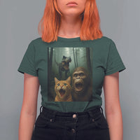 Cat Bigfoot Selfie With Dinosaur T Shirt For Women Funny Surprised Scared Sasquatch Cat - Wonder Print Shop
