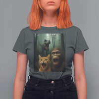 Cat Bigfoot Selfie With Dinosaur T Shirt For Women Funny Surprised Scared Sasquatch Cat - Wonder Print Shop