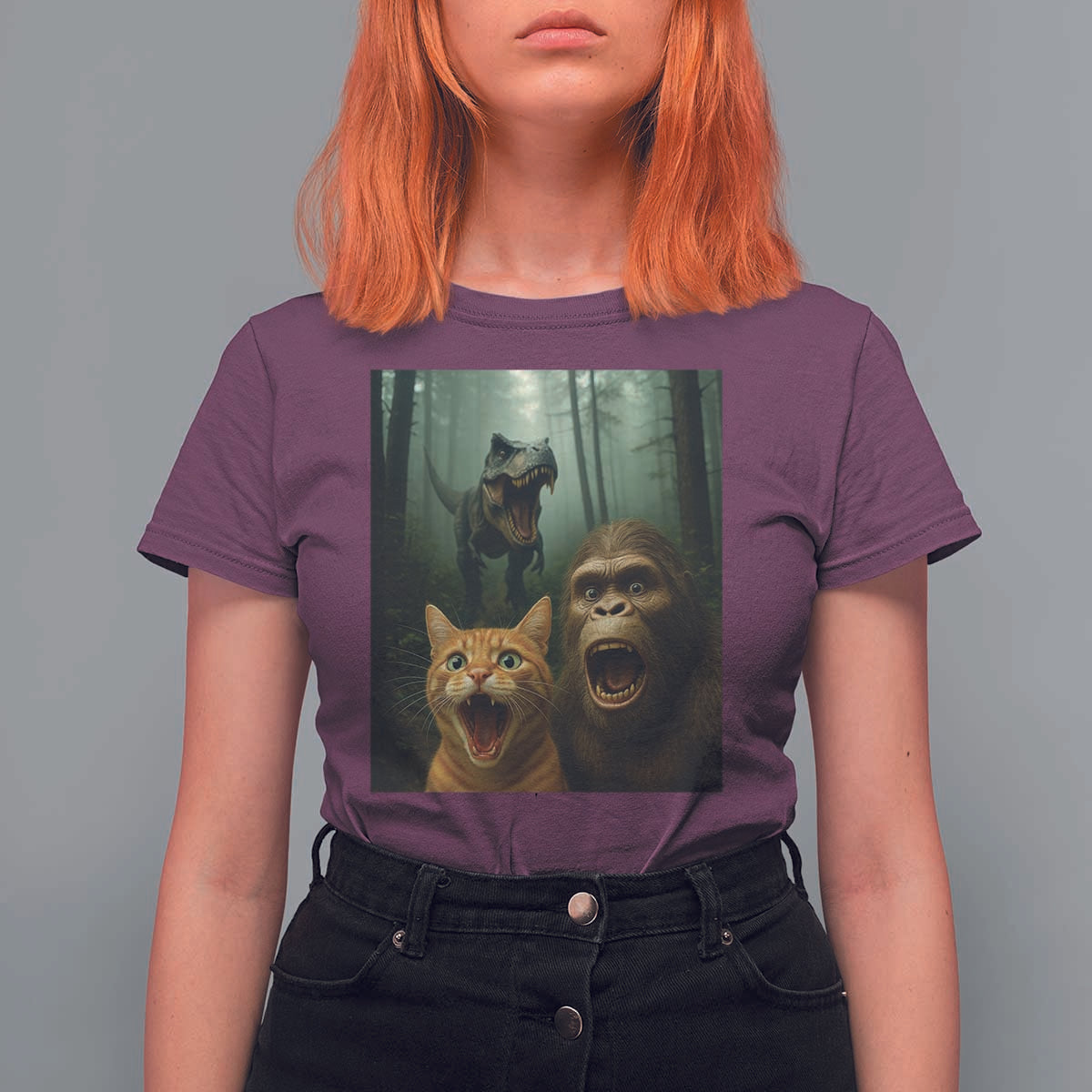 Cat Bigfoot Selfie With Dinosaur T Shirt For Women Funny Surprised Scared Sasquatch Cat - Wonder Print Shop