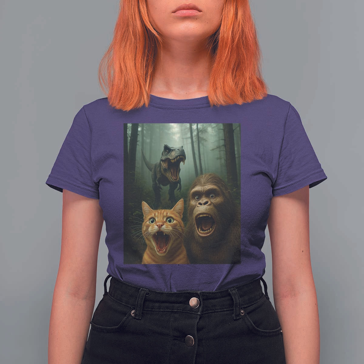 Cat Bigfoot Selfie With Dinosaur T Shirt For Women Funny Surprised Scared Sasquatch Cat - Wonder Print Shop