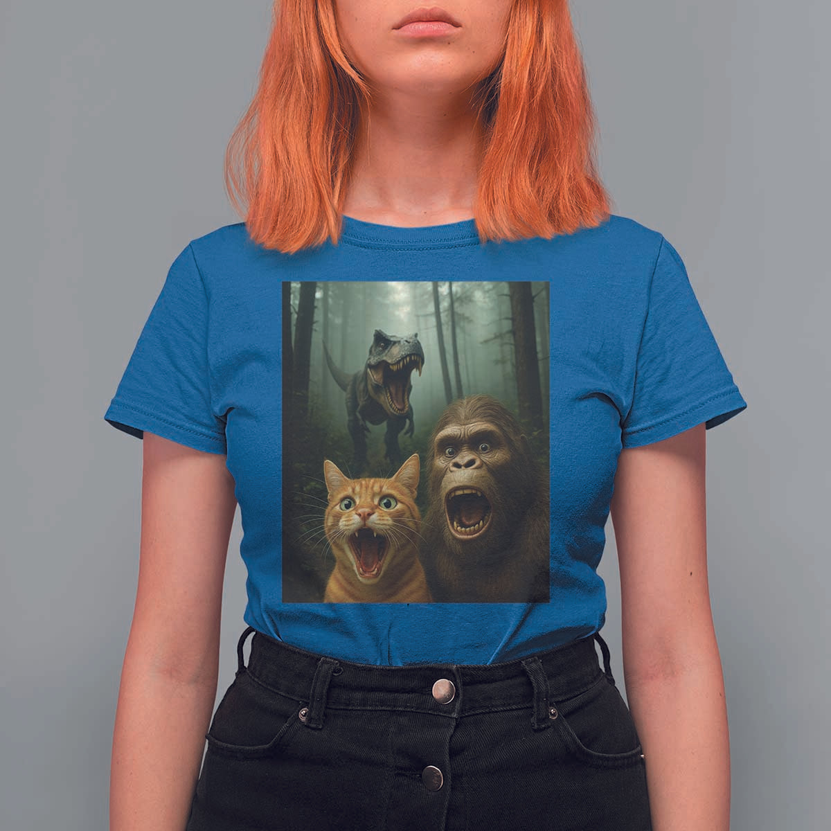 Cat Bigfoot Selfie With Dinosaur T Shirt For Women Funny Surprised Scared Sasquatch Cat - Wonder Print Shop