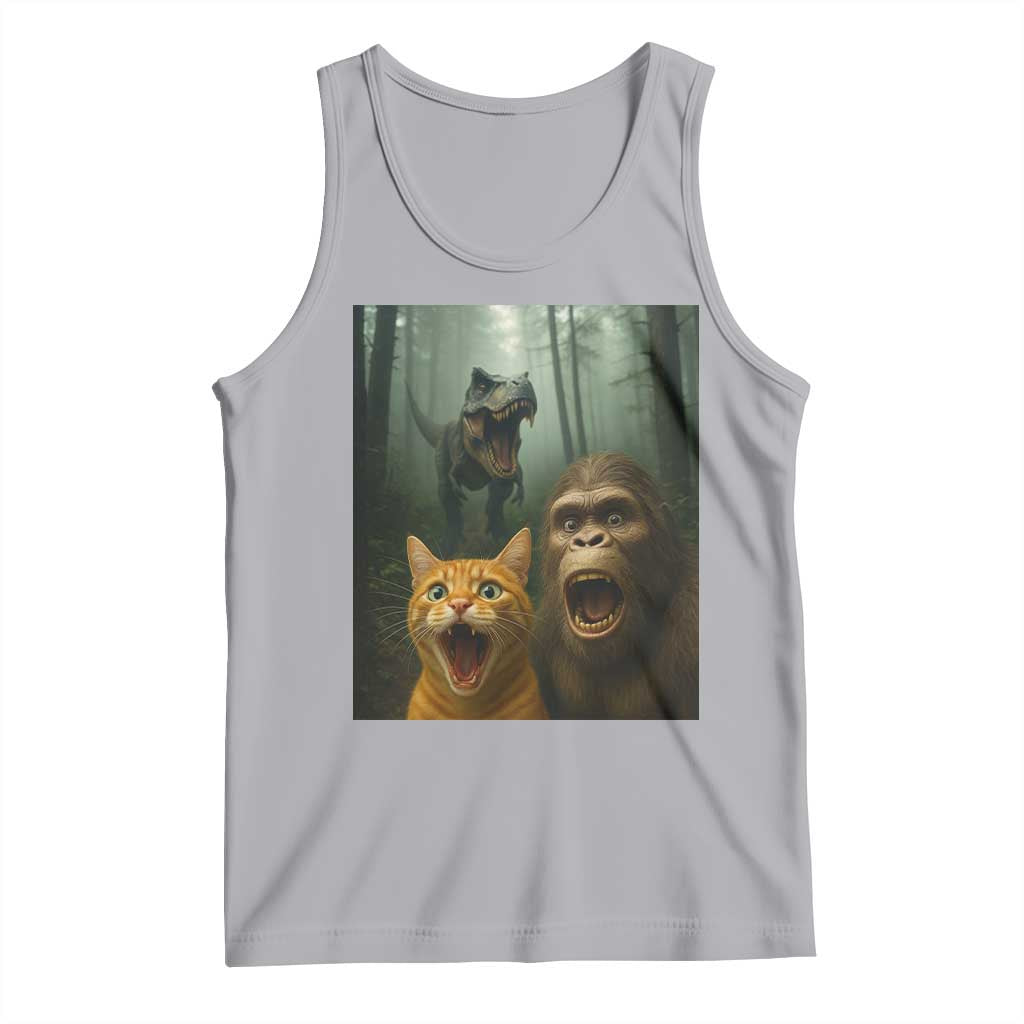 Cat Bigfoot Selfie With Dinosaur Tank Top Funny Surprised Scared Sasquatch Cat - Wonder Print Shop