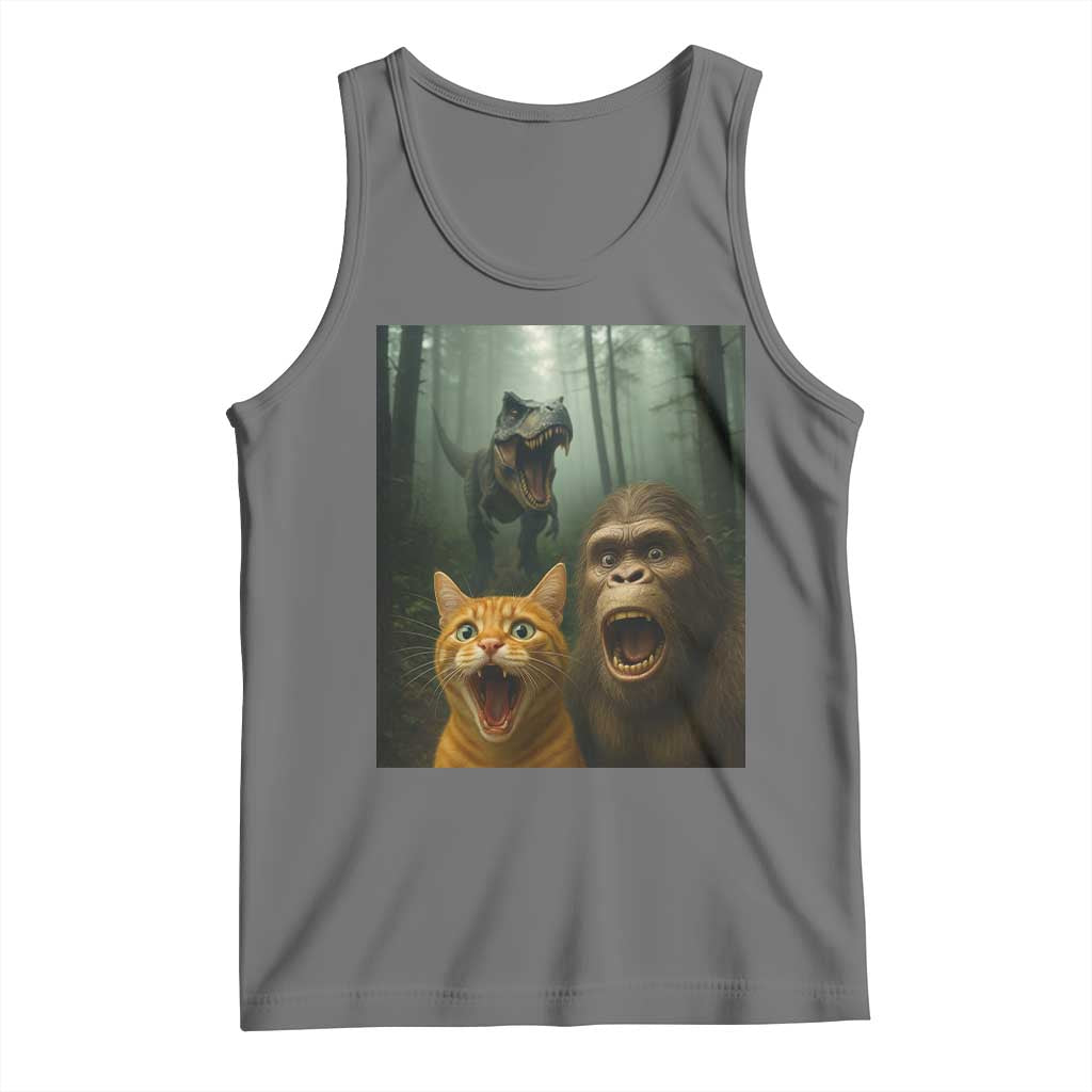 Cat Bigfoot Selfie With Dinosaur Tank Top Funny Surprised Scared Sasquatch Cat - Wonder Print Shop
