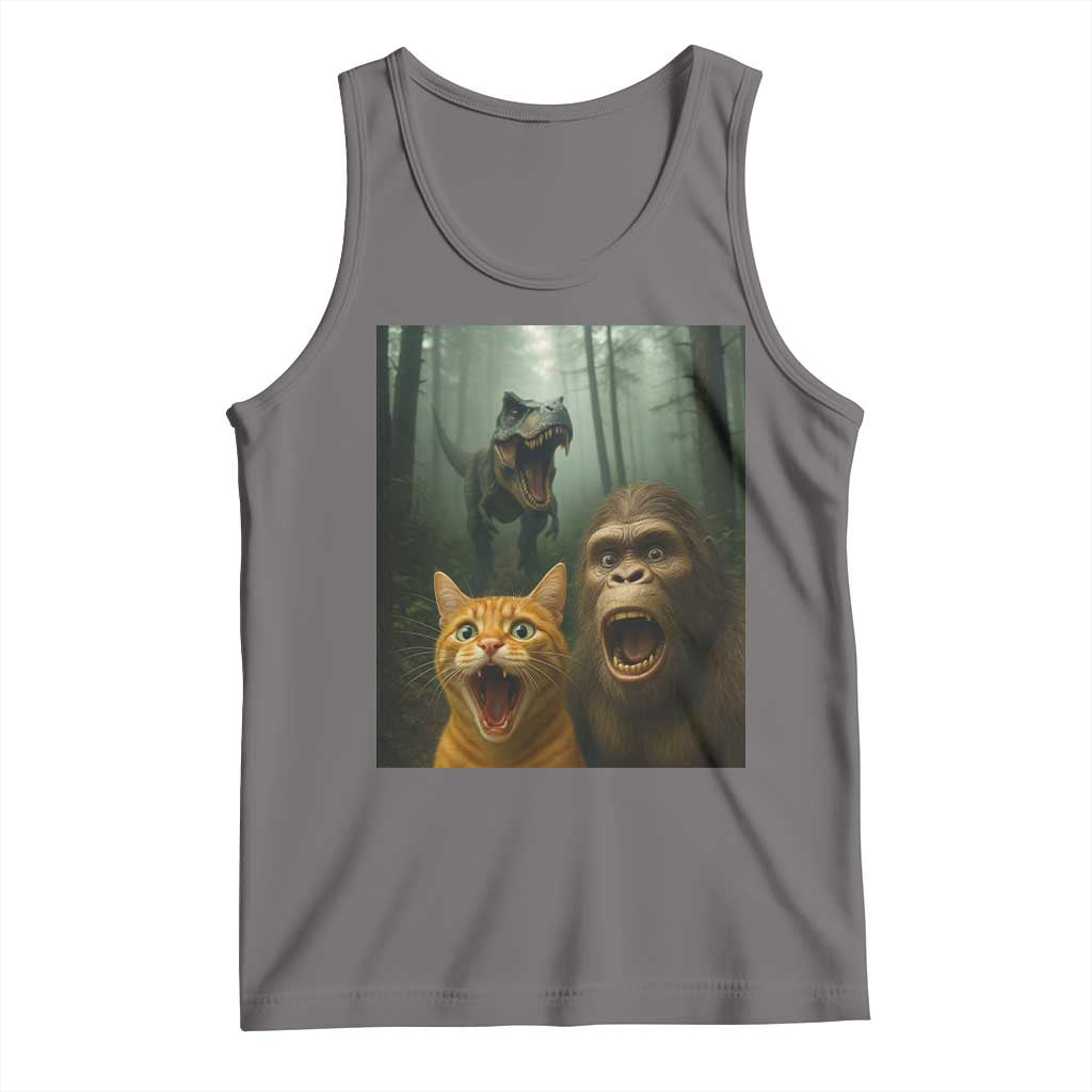 Cat Bigfoot Selfie With Dinosaur Tank Top Funny Surprised Scared Sasquatch Cat - Wonder Print Shop