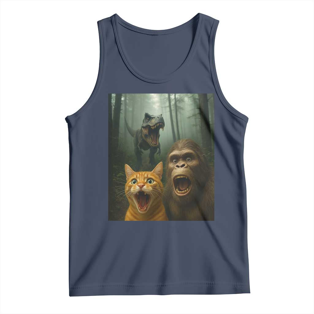 Cat Bigfoot Selfie With Dinosaur Tank Top Funny Surprised Scared Sasquatch Cat - Wonder Print Shop