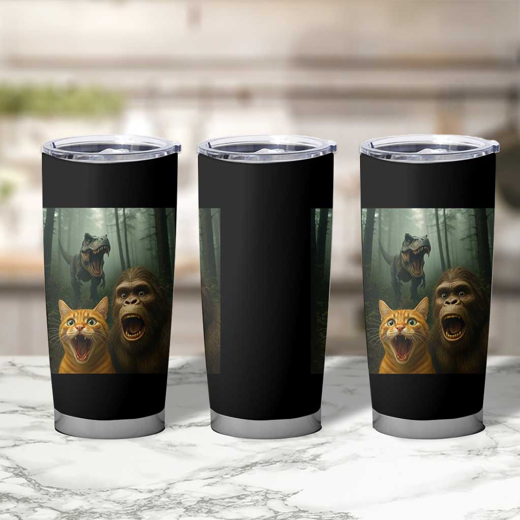 Cat Bigfoot Selfie With Dinosaur Tumbler Cup Funny Surprised Scared Sasquatch Cat