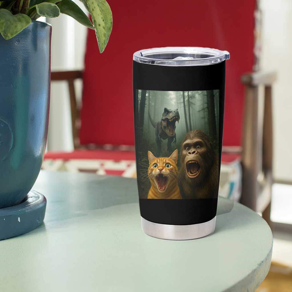 Cat Bigfoot Selfie With Dinosaur Tumbler Cup Funny Surprised Scared Sasquatch Cat